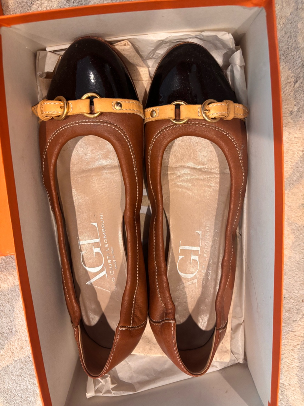 Attilio Giusti Leombruni AGL Monika Cap Toe Ballet Flats Brandy Brown Black
